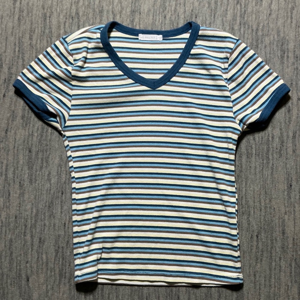 Full Tilt Womens V-Neck Ribbed Striped Short Sleeve T-Shirt Blue Brown Yellow M